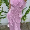 Women Chic Pleated Halter Neck Long Strapless Lotus Edge Vacation Maxi Dress