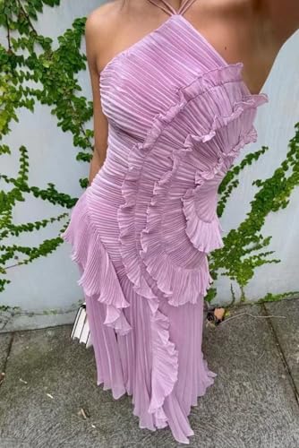 Women Chic Pleated Halter Neck Long Strapless Lotus Edge Vacation Maxi Dress