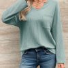 Womens Notch V Neck Tunic Tops Textured Ribbed Knit Long Sleeve T Shirts Loose Fit Fall Casual Tees with Pocket