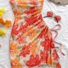 51kjgTsfxOL.jpg Women's Floral Ruched Mini Tube Dress Strapless Split Hem Bodycon Dresses