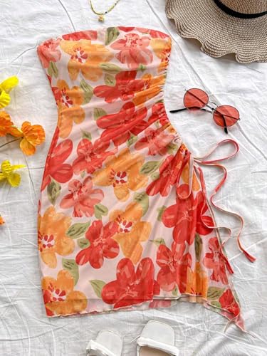 51kjgTsfxOL.jpg Women's Floral Ruched Mini Tube Dress Strapless Split Hem Bodycon Dresses