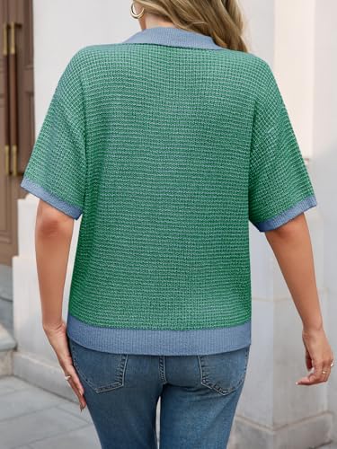 Womens Striped Cropped Sweaters Tops Color Block Short Sleeve Knit V Neck Fall Casual Pullover