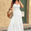 Women's Summer Strapless Maxi Dress 2025 Off Shoulder Hollow Out Smocked A Line Tube Tiered Long Dresses