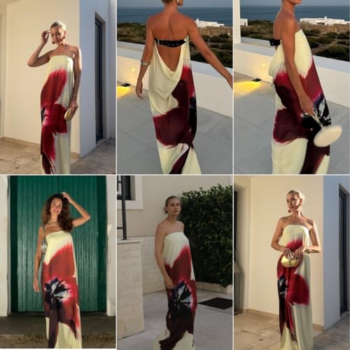 Women's Sexy Strapless Floral Print Maxi Dress Off Shoulder Back Buckle Belt Dresses for Summer Holiday Beachwear