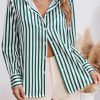Womens Striped Button Down Shirts Casual Satin Long Sleeve Loose Work Blouse Tops