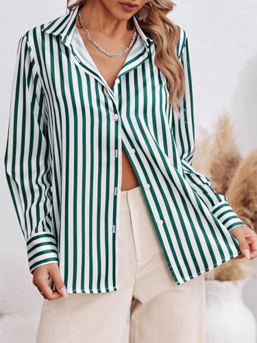 Womens Striped Button Down Shirts Casual Satin Long Sleeve Loose Work Blouse Tops