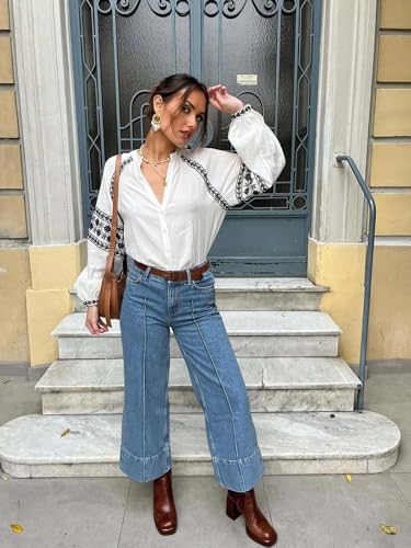 Womens Baggy Wide Leg Cropped Jeans Casual High Waisted Loose Vintage Denim Pants with Pockets