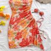 51mNZbg0nL.jpg Women's Floral Ruched Mini Tube Dress Strapless Split Hem Bodycon Dresses
