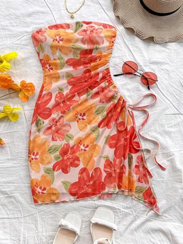 51mNZbg0nL.jpg Women's Floral Ruched Mini Tube Dress Strapless Split Hem Bodycon Dresses