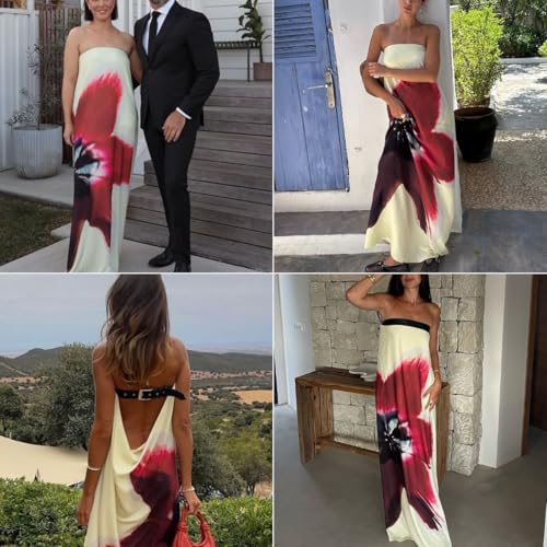 Women's Sexy Strapless Floral Print Maxi Dress Off Shoulder Back Buckle Belt Dresses for Summer Holiday Beachwear