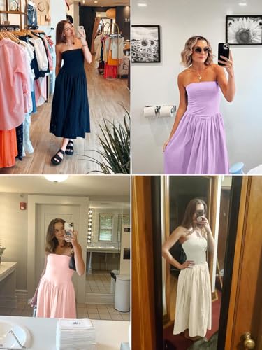 Women's Summer Strapless Dress Solid Hot Shot Off Shoulder Sundresses Flowy Long Casual Dress for Beach Purple