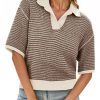 Womens Striped Cropped Sweaters Tops Color Block Short Sleeve Knit V Neck Fall Casual Pullover