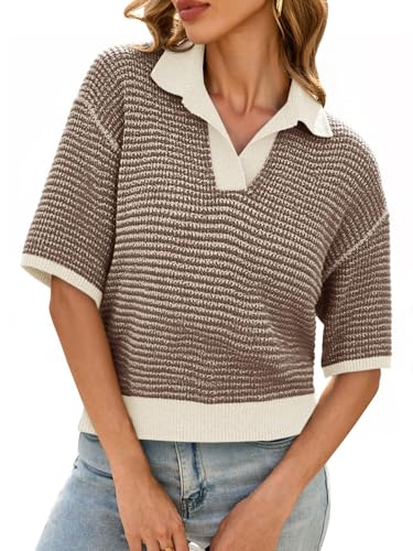 Womens Striped Cropped Sweaters Tops Color Block Short Sleeve Knit V Neck Fall Casual Pullover