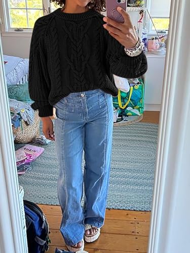 Womens Oversized Cable Knit Sweaters Crew Neck Long Sleeve Fall Chunky Pullover Casual Loose Fit Sweater Tops