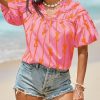 Womens Summer Babydoll Tops Short Lantern Sleeve Bow Print Blouse V Neck Pleated Casual Cute Tee Shirts