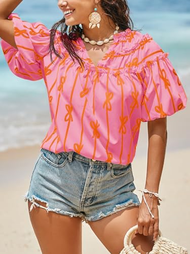 Womens Summer Babydoll Tops Short Lantern Sleeve Bow Print Blouse V Neck Pleated Casual Cute Tee Shirts