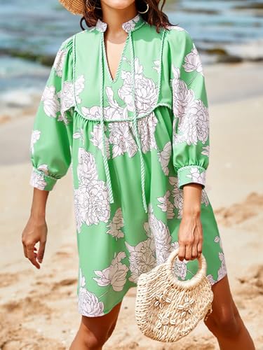Womens Floral Mini Dresses 3/4 Sleeve V Neck Flowy Babydoll Dress Summer Beach Vacation Boho Outfits