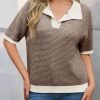 Womens Striped Cropped Sweaters Tops Color Block Short Sleeve Knit V Neck Fall Casual Pullover