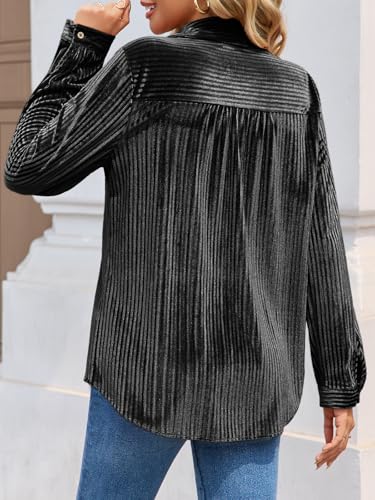 Womens Velvet Button Down Shirt Casual Long Sleeve V Neck Collared Tops Fall Shacket Jacket with Pockets