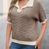 Womens Striped Cropped Sweaters Tops Color Block Short Sleeve Knit V Neck Fall Casual Pullover