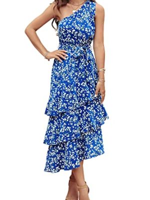 Women's Summer Floral Sundress Casual One Shoulder Tiered Ruffle Flowy Midi Beach Boho Dresses