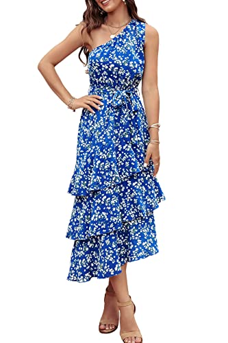 Women's Summer Floral Sundress Casual One Shoulder Tiered Ruffle Flowy Midi Beach Boho Dresses