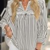 Womens Striped Babydoll Tops Ruffle V Neck Puff Sleeve Blouses Loose Fit Cute Flowy Shirts