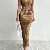 Women's Summer Dress Printed Strapless Tube Dress Bodycon Long Dress Side Slit Mesh Layered