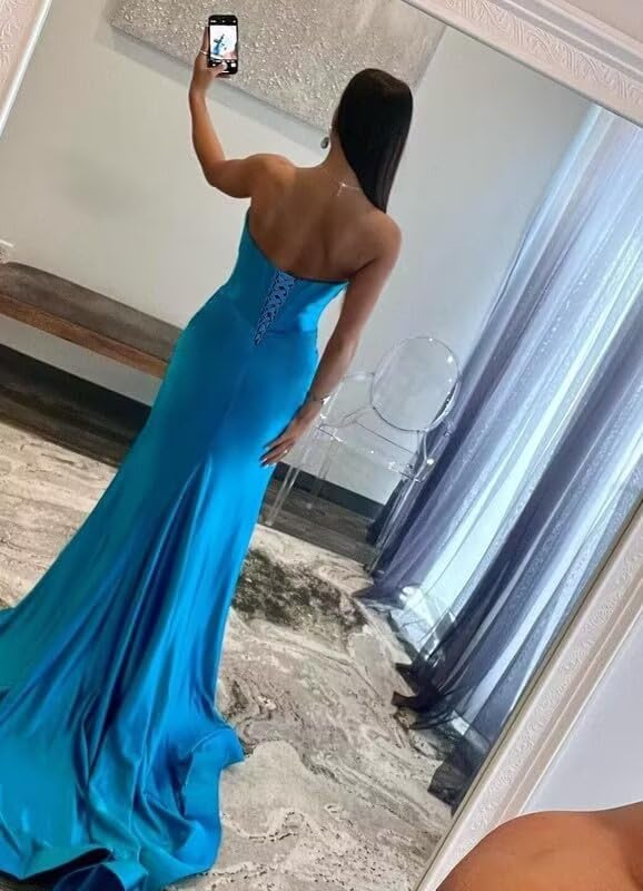 Mermaid Strapless Prom Dress for Women Long Cutout Satin Bow Ruched Formal Evening Gowns with Slit YZTS229