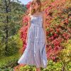 Womens Casual Dresses Strapless Tube Stripped Shirred A Line Blue Beach Vacation Midi Dress Maxi Skirts S